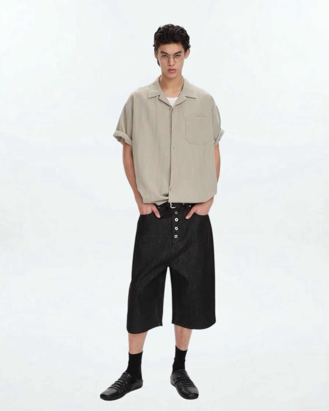 Coated Wide Denim Shorts