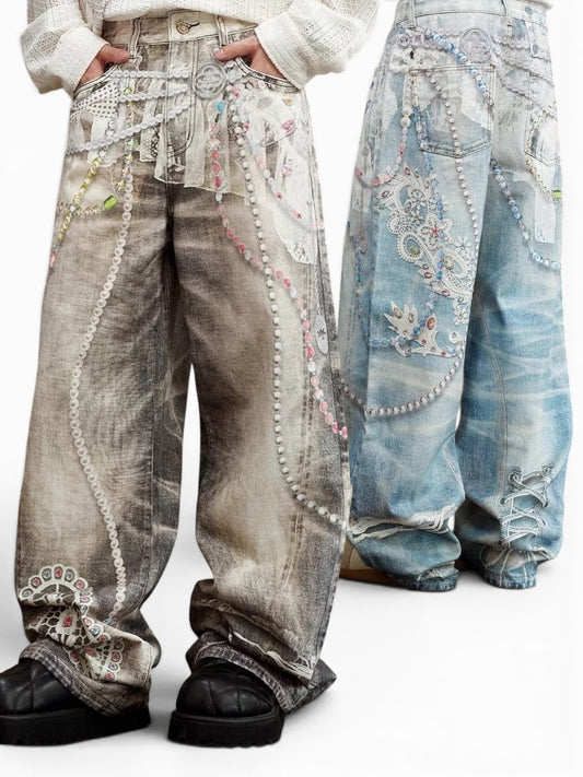 Jewel Lace Printed Denim (2color)