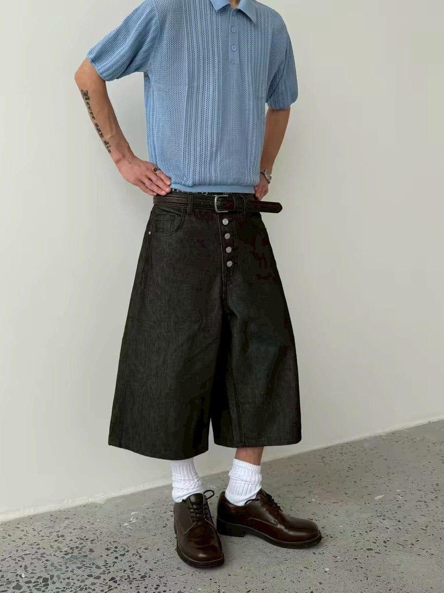 Coated Wide Denim Shorts