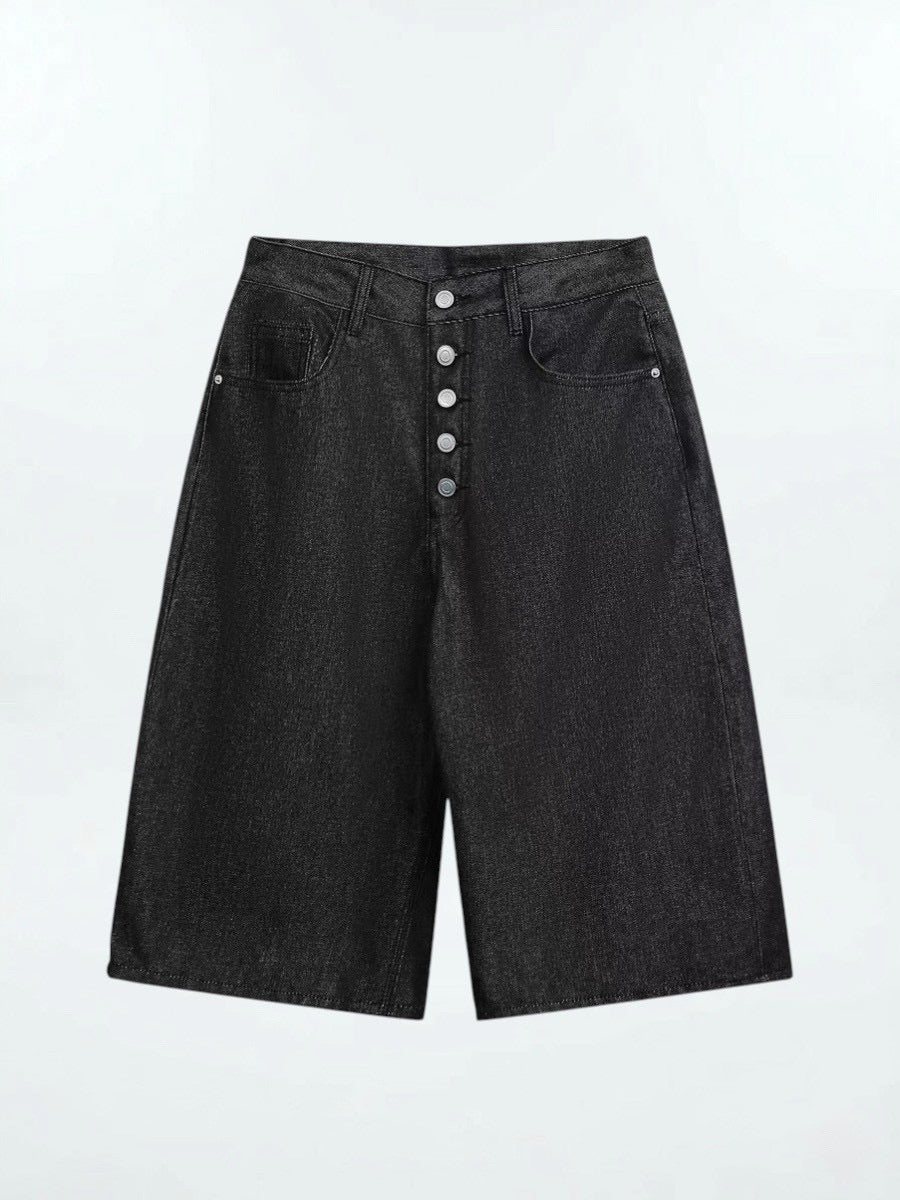 Coated Wide Denim Shorts