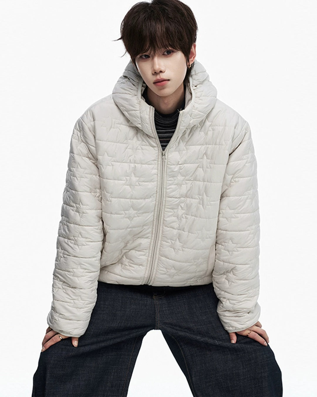 Star Quilt Hooded Puffer Beige