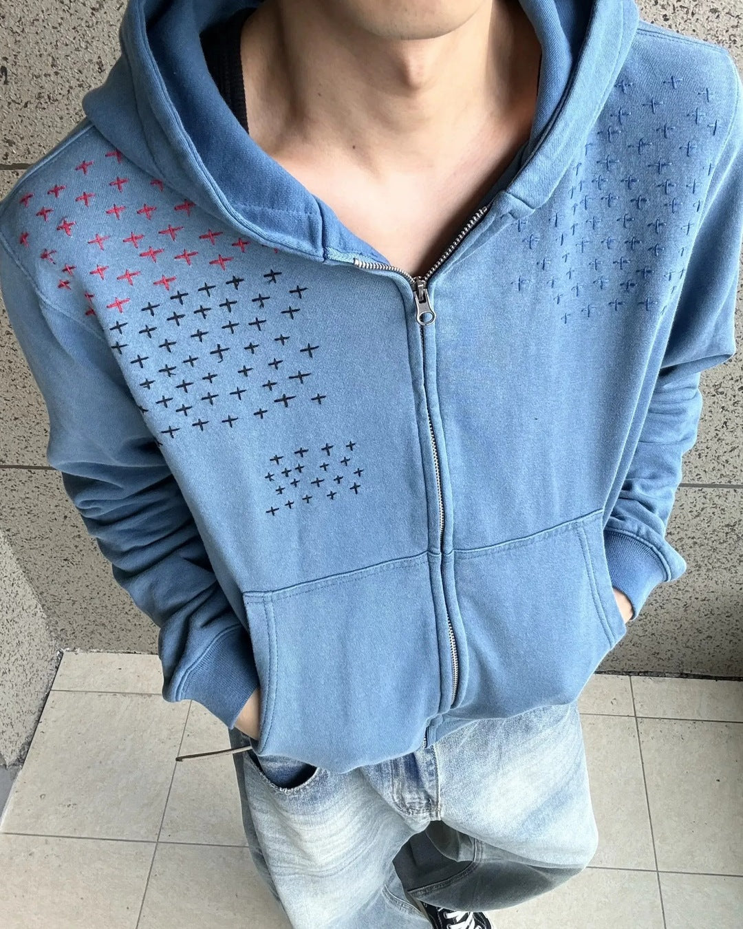 Stitch Star Zip Hoodie Blue 星の刺繍