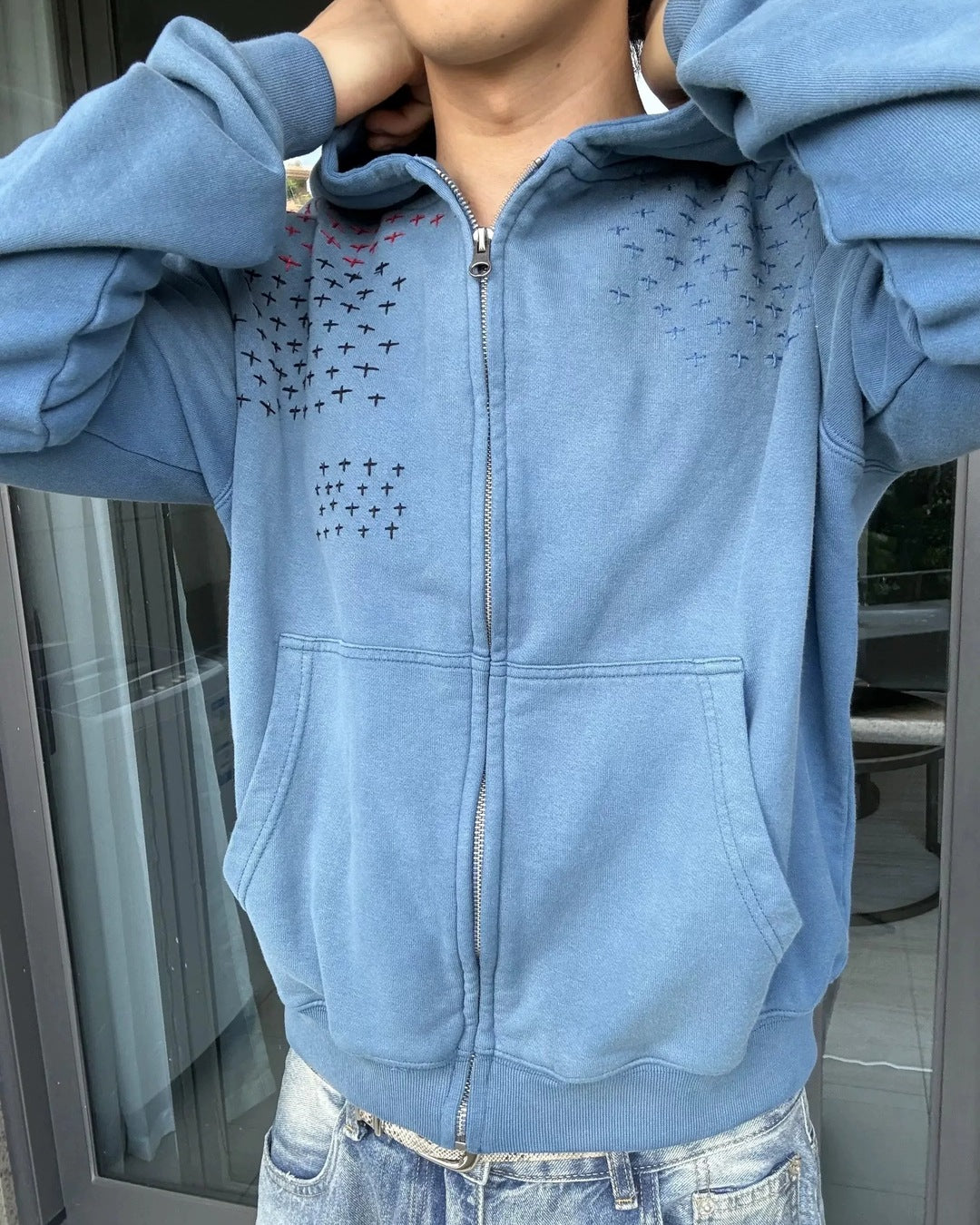 Stitch Star Zip Hoodie Blue 着用